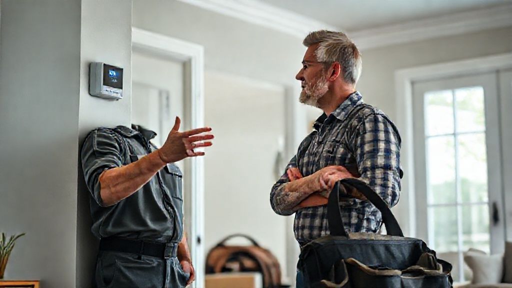 Uniformed technician, face visible, gesturing towards a wall-mounted thermostat while conversing with a homeowner in a bright residential interior. A clean, organized tool bag sits nearby.