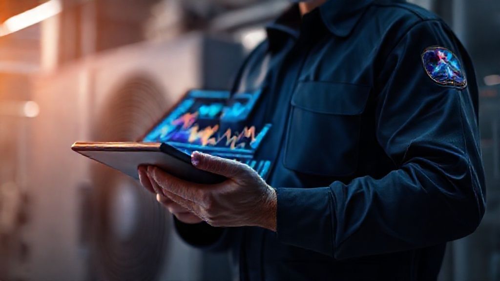 A uniformed technician holds a glowing tablet displaying vibrant, abstract charts, with a sleek, modern HVAC unit subtly blurred in the background.