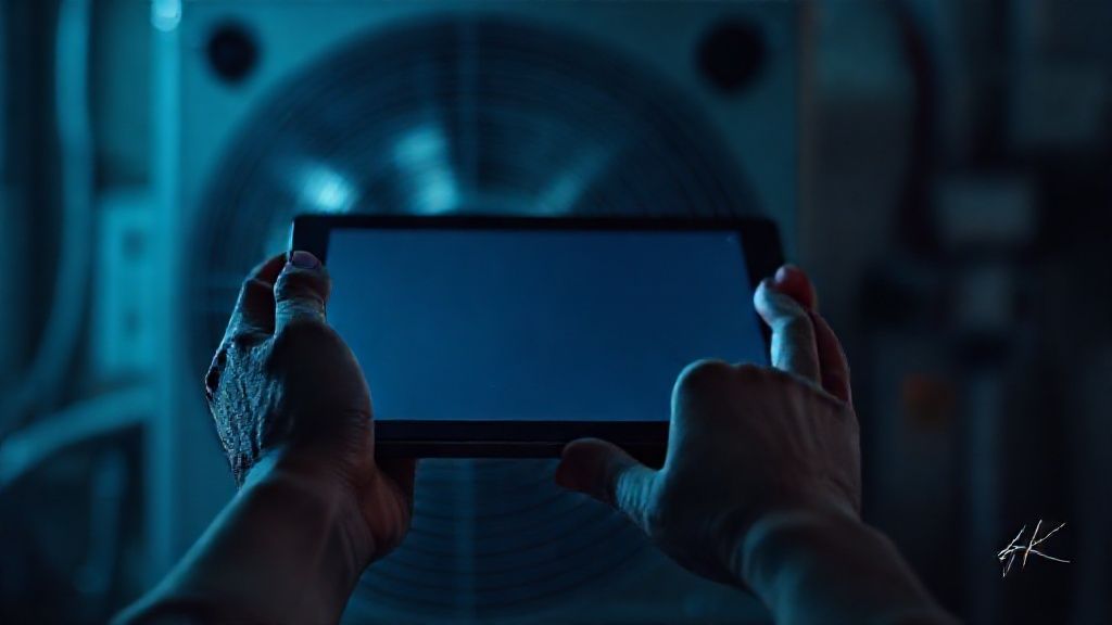 Close-up of hands holding a tablet with a glowing screen, positioned in front of a blurred HVAC unit in the background.
