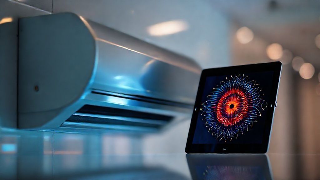A sleek HVAC unit with a tablet displaying a vibrant, pattern-based interface positioned nearby.
