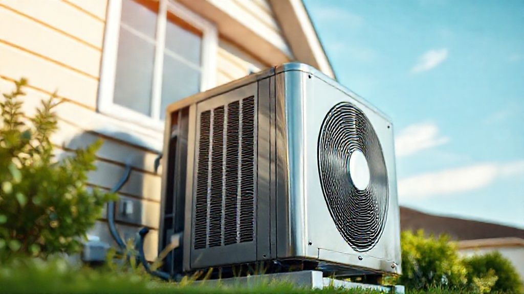 A pristine, modern outdoor AC unit, gleaming silver, nestled against a tidy home exterior under a clear sky.