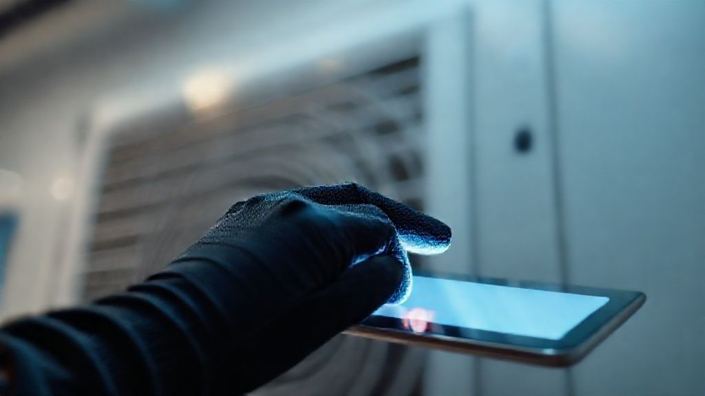 A gloved hand lightly taps a bright tablet screen, with the clean lines of a modern HVAC unit softly blurred in the background.