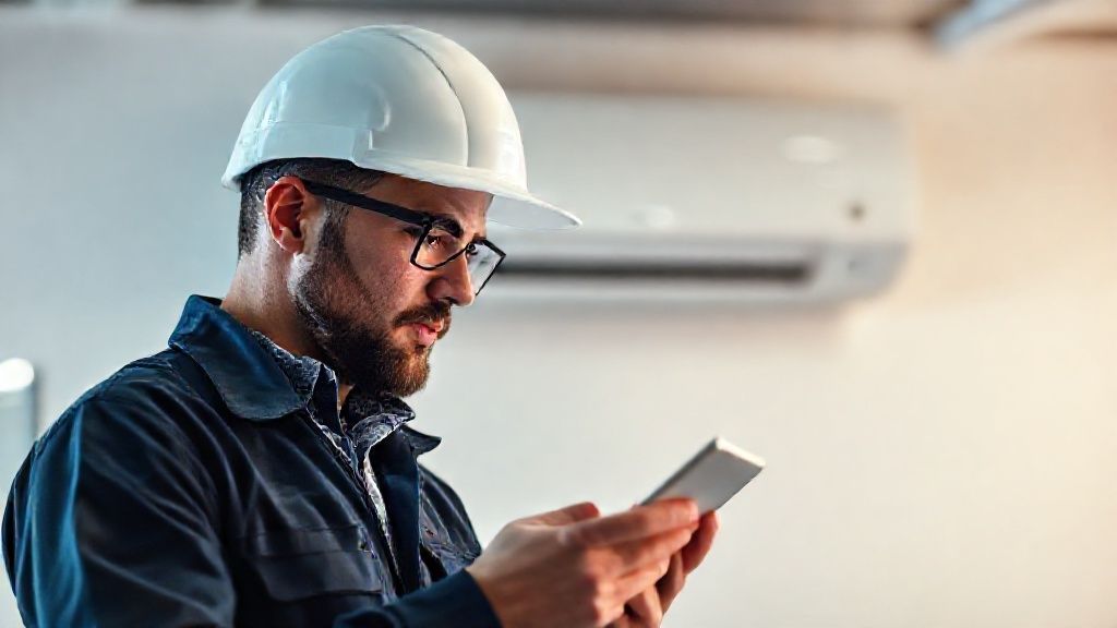 A technician focuses on a tablet screen. Behind them, a sleek indoor HVAC unit is positioned in a bright, uncluttered setting.