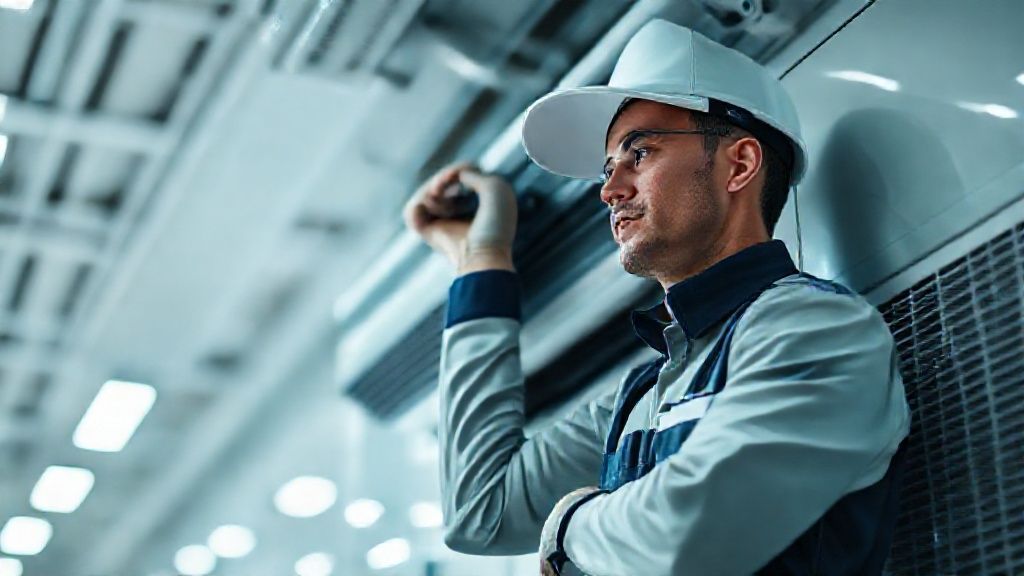 A professional technician, in a crisp uniform, meticulously adjusting a sleek, modern commercial HVAC unit. The scene is brightly lit, highlighting clean lines and precise components.