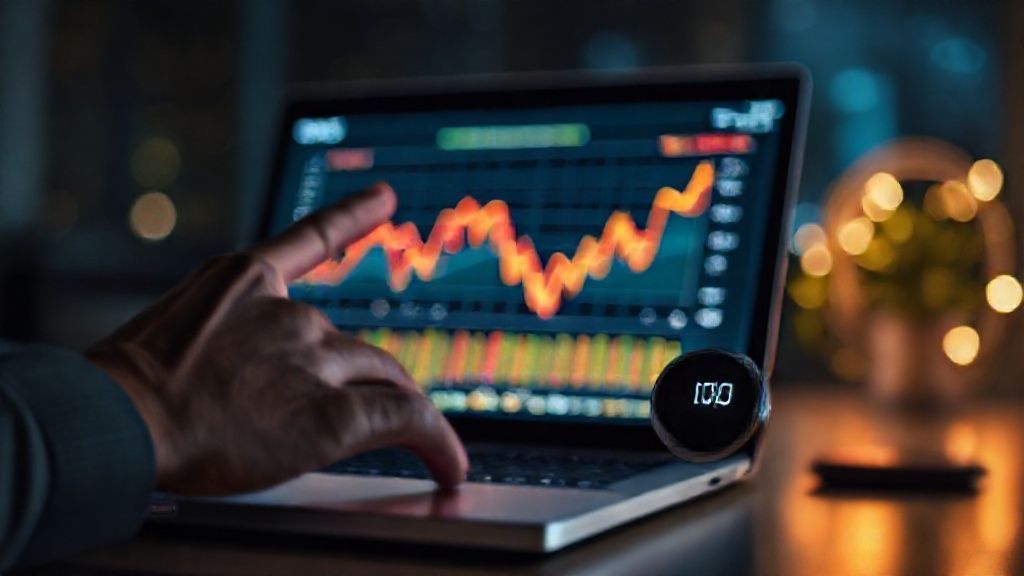 A person's hands gesture over an illuminated laptop screen displaying an intricate, color-coded line graph, with a sleek, modern HVAC thermostat prominently in the foreground.
