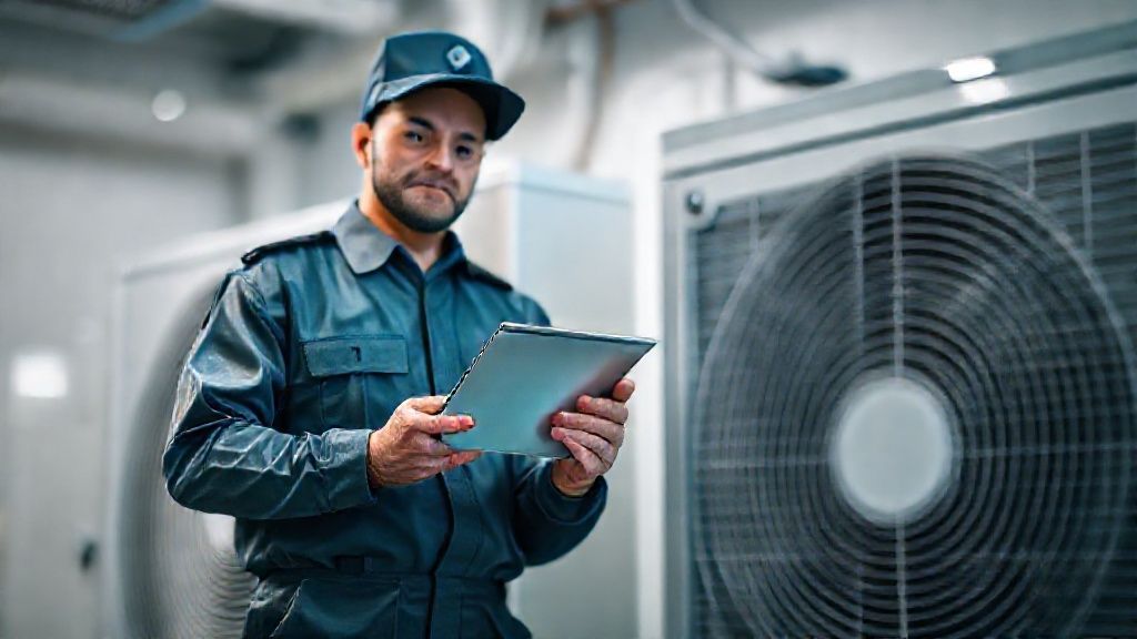 A uniformed HVAC technician holds a tablet displaying a clear interface, standing next to a modern air conditioning unit.
