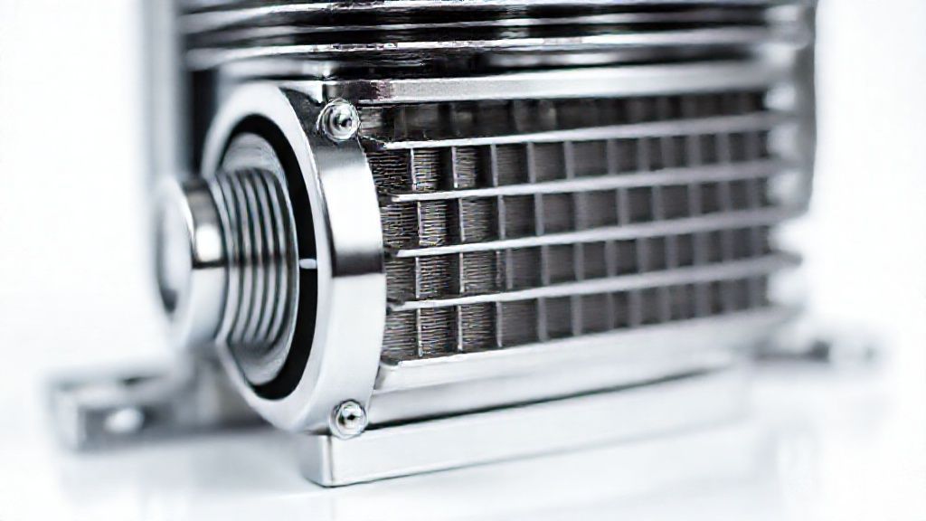 Gleaming metal compressor, sleek fins, geometric grille, stark white background.