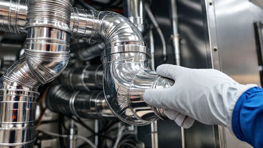 Gleaming silver ducts, intricate wiring, metal unit, and a professional's gloved hand.
