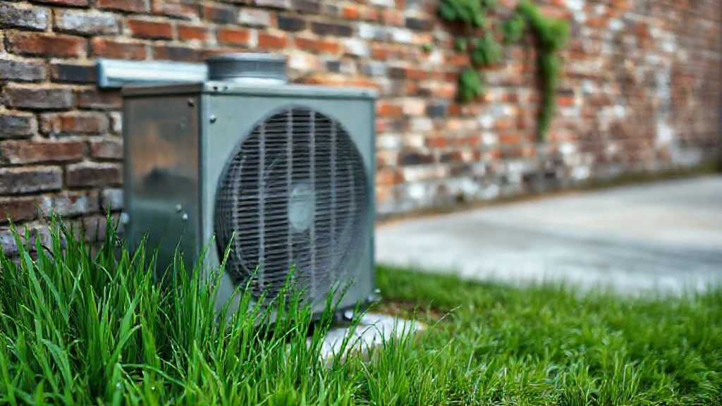 Metal HVAC condenser, lush green grass, weathered brick wall, concrete slab.