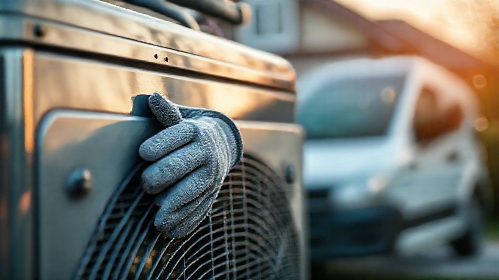 Shiny service van parked near house. Technician's gloved hands on metallic AC unit.