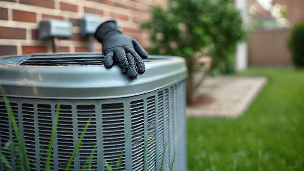 Gloved hands on silver AC unit, green lawn, residential brick wall.