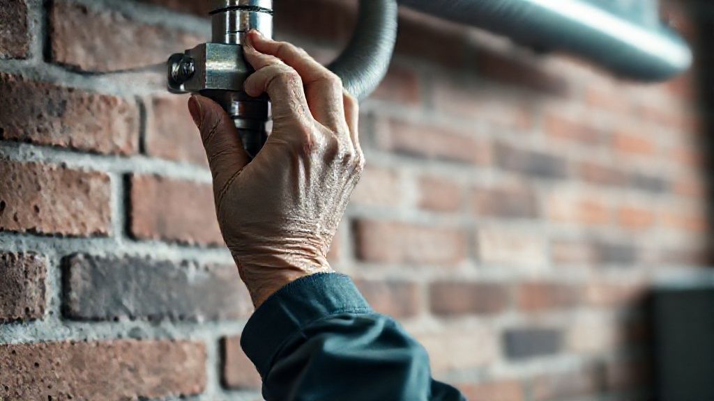 Technician's hand adjusts a metallic HVAC pipe, textured brick wall in background.