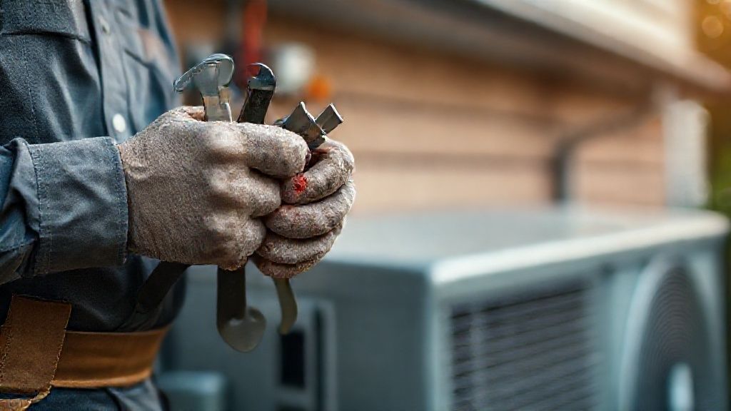 Technician's professional hands, tools, and a home's outdoor HVAC unit.