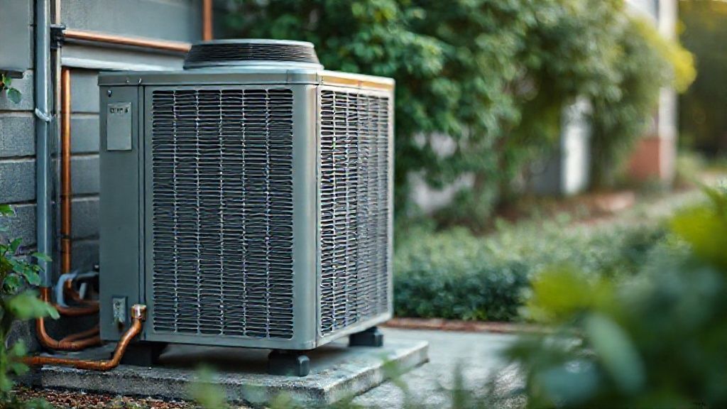 Outdoor condenser unit, metal grille, copper lines, concrete pad, green foliage.