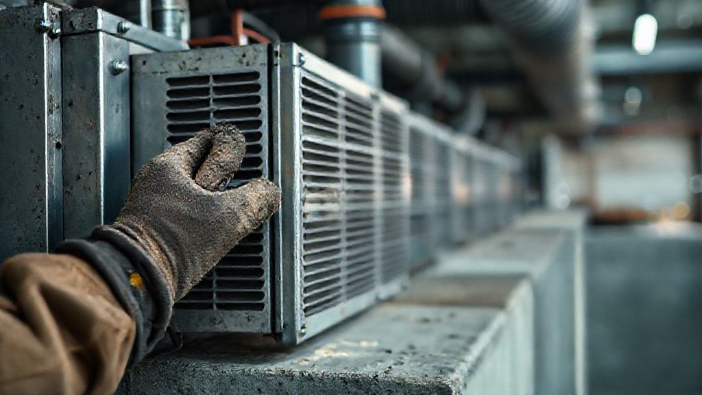 Heavy metal unit, worn technician's gloves, corrugated ducting, concrete slab.