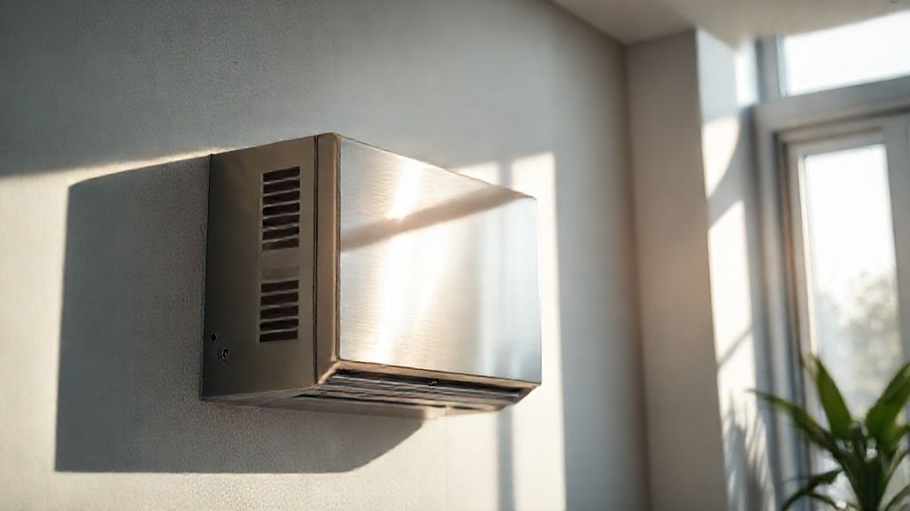 Sleek HVAC unit in a modern home, sunlight on brushed metal, inviting comfort.
