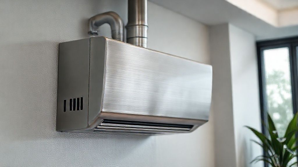 Sleek HVAC unit in modern home; textured metal, clean lines, promoting comfortable living.