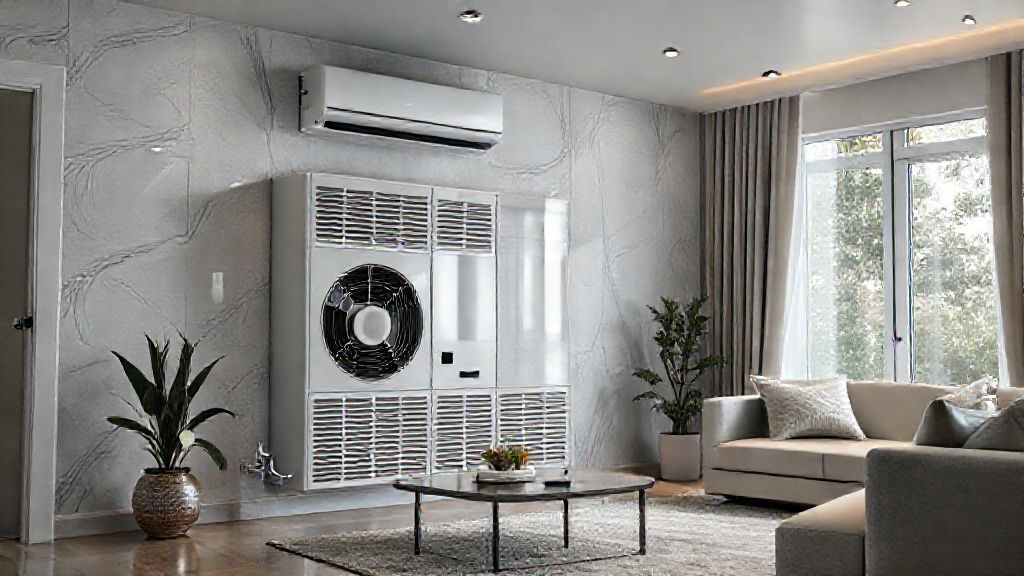 Modern HVAC unit blends seamlessly into a luxurious, comfortable home. Focus on textures, cleanliness, and design.