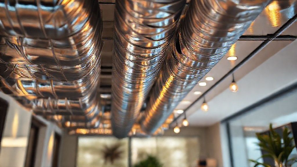 Shiny ductwork contrasts warmly lit, modern home. Textures gleam, hinting HVAC marketing solutions.