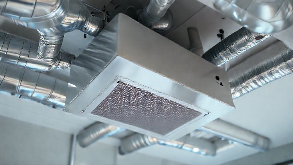 Shiny HVAC unit, modern home interior, clean ductwork, realistic textures.