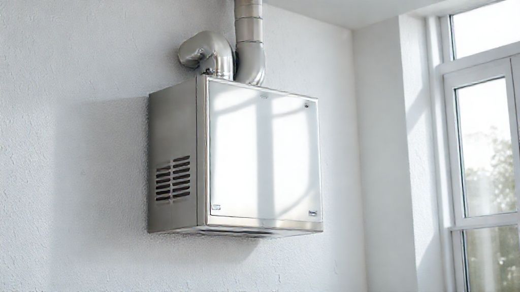 Shiny new HVAC unit in a bright, modern home; clean metal, textured walls.