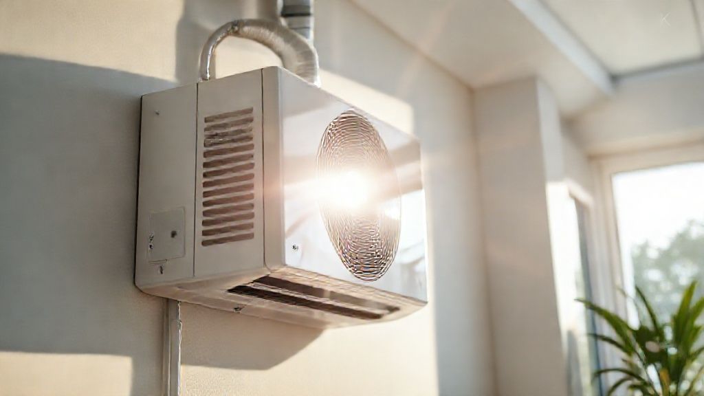 New, gleaming HVAC unit installed in a modern home, reflecting sunlight, promising comfort.