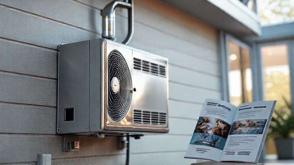 Shiny HVAC unit blends into a modern home, textured brochure nearby implies service promotion.