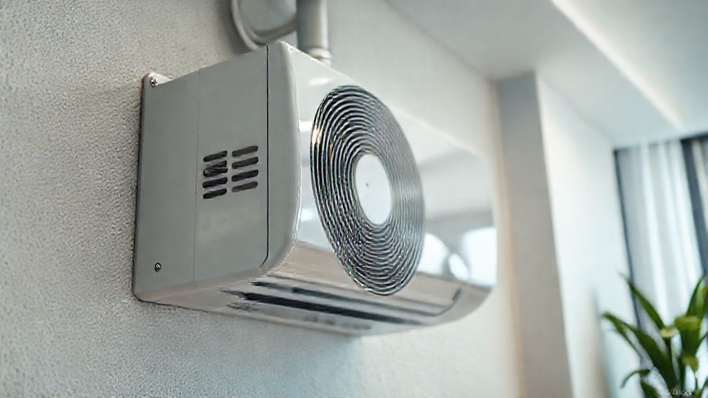 Gleaming HVAC unit, modern home backdrop, textured surfaces, bright, inviting, subtly suggesting comfort.