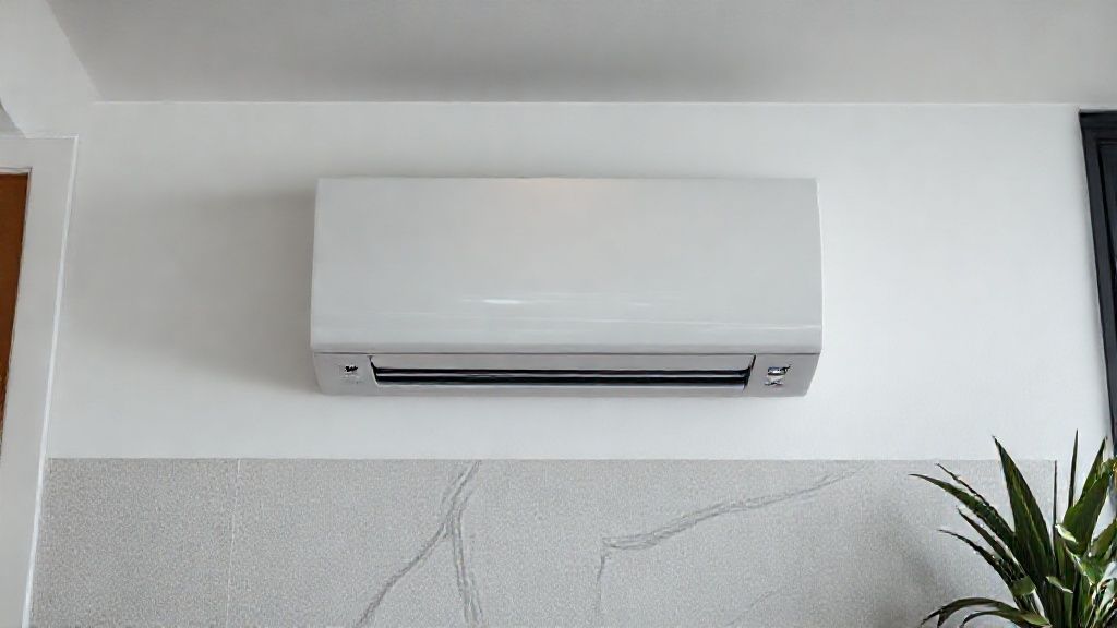 Sleek HVAC unit in modern home. Textures pop. Smart tech integration.
