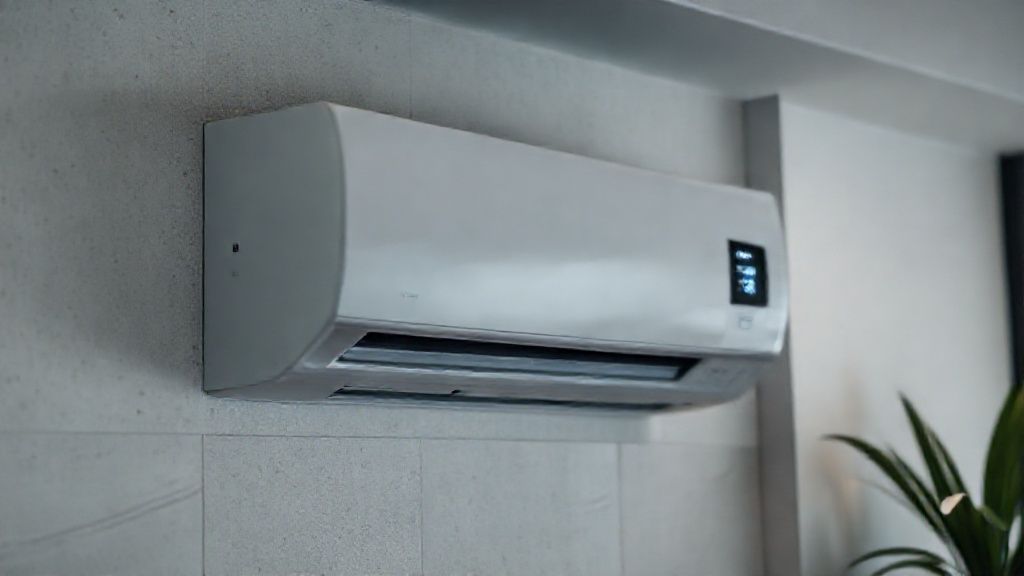 Sleek HVAC unit in modern home, smart thermostat glowing, textures emphasize comfort and efficiency.