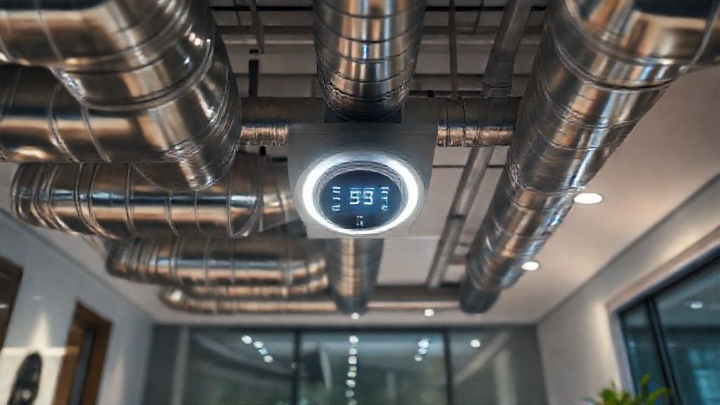 Shiny ducts & smart thermostat glow in a modern home; HVAC system controlled seamlessly.