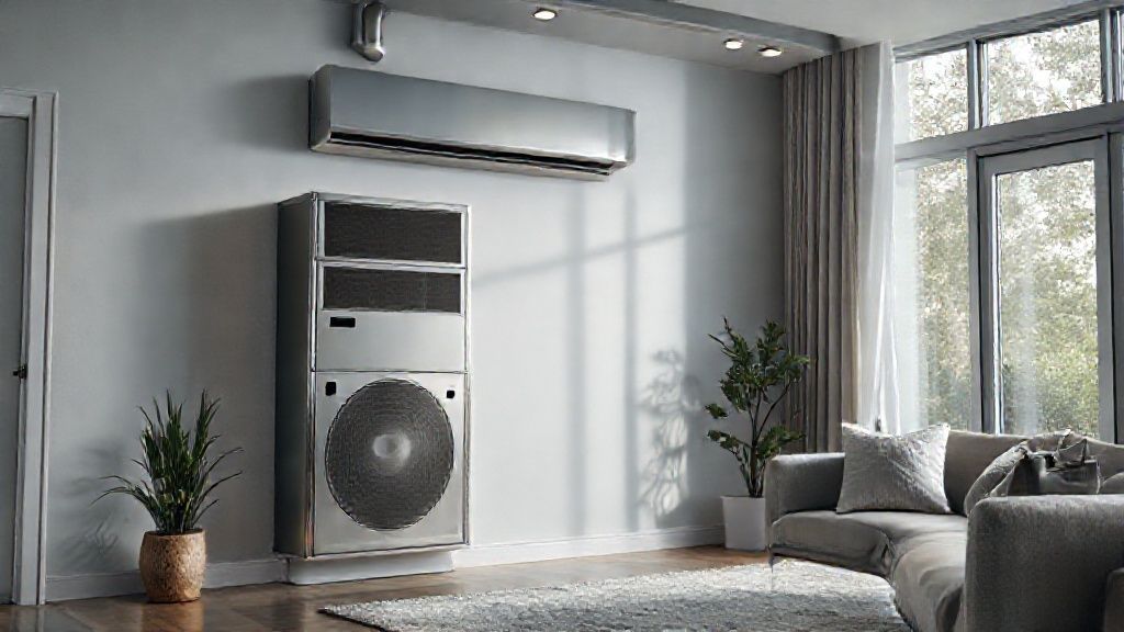 Sleek HVAC unit blends seamlessly into modern home; cool metal, soft textures, inviting comfort.
