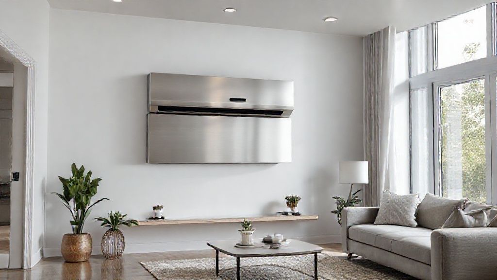 Sleek HVAC unit blends seamlessly in a modern home, brushed metal, clean, comfortable living.