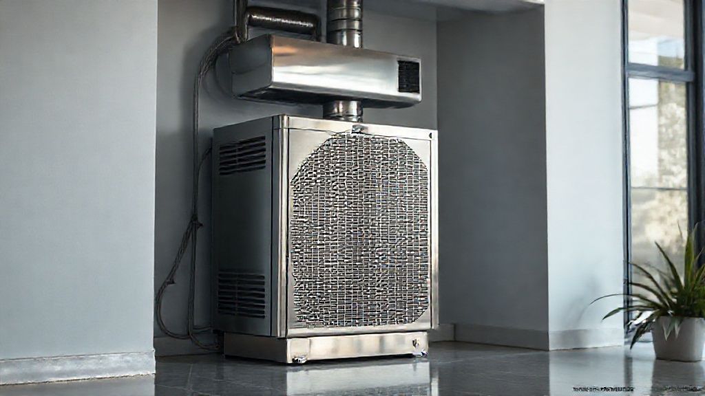 Gleaming HVAC unit nestled in a modern home; metallic textures, sleek design, quiet power.