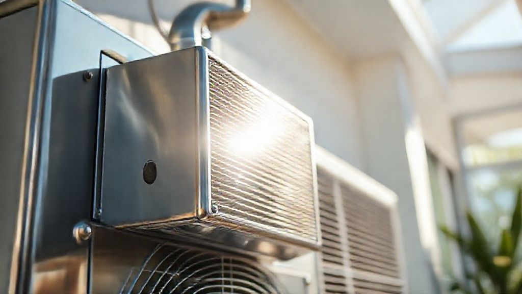 Gleaming HVAC unit, modern home, sunlight. Metal texture, pristine filters, fresh air promise.