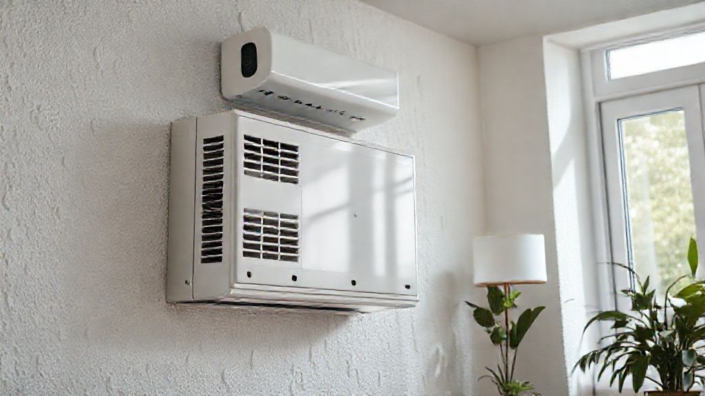 Modern HVAC unit in bright, textured home; clean vents, comfortable atmosphere; optimized for SEO.