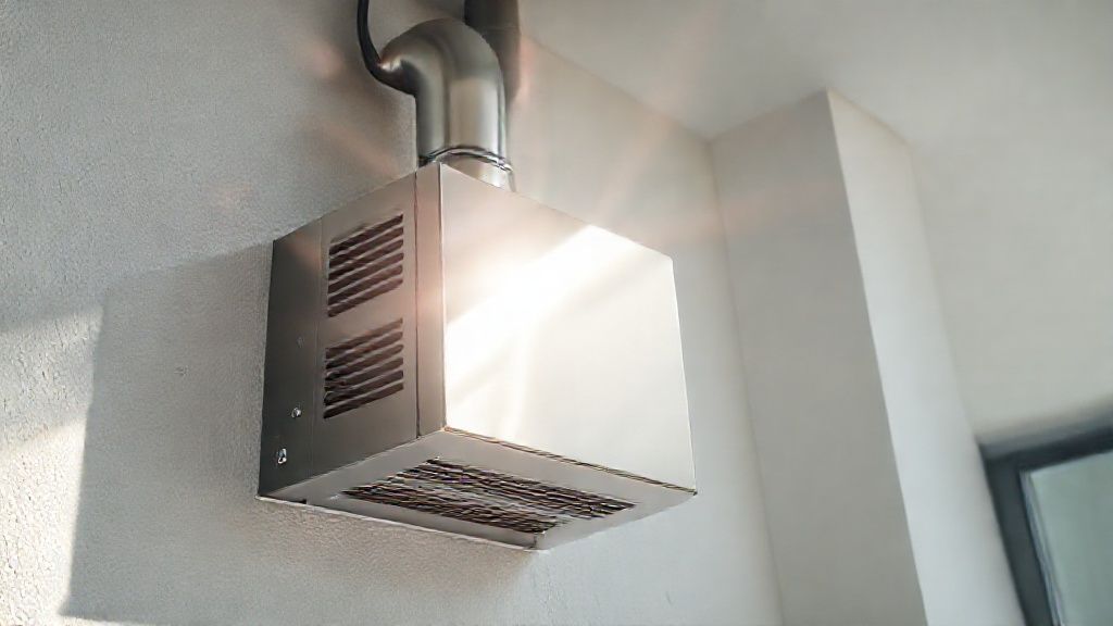 Sleek HVAC unit in modern home, sunlight reflecting on metallic vents, clean, textured walls.