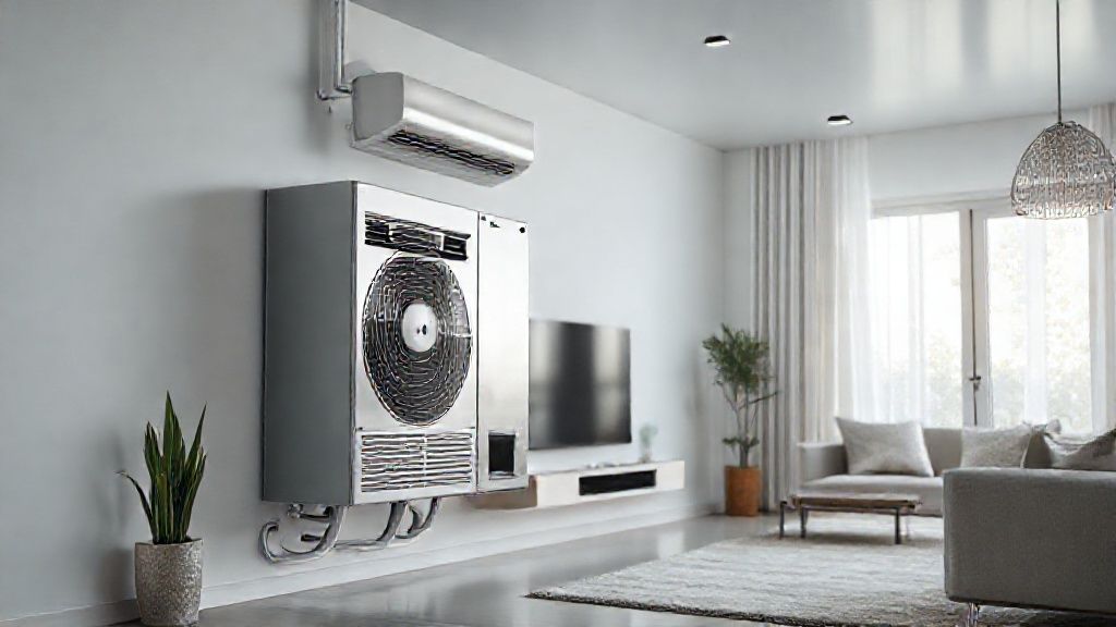 Modern HVAC unit seamlessly blends in sleek home; clean, textured metal, bright, comfortable living.