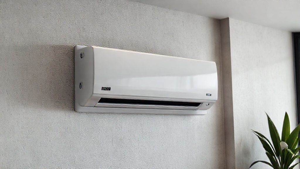 Sleek HVAC unit blends seamlessly into a modern home, textured wall, promoting comfort.