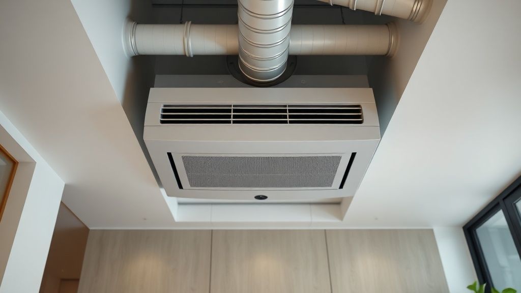 Sleek HVAC unit in modern home; clean, textured ductwork; promoting comfort, visually inviting.