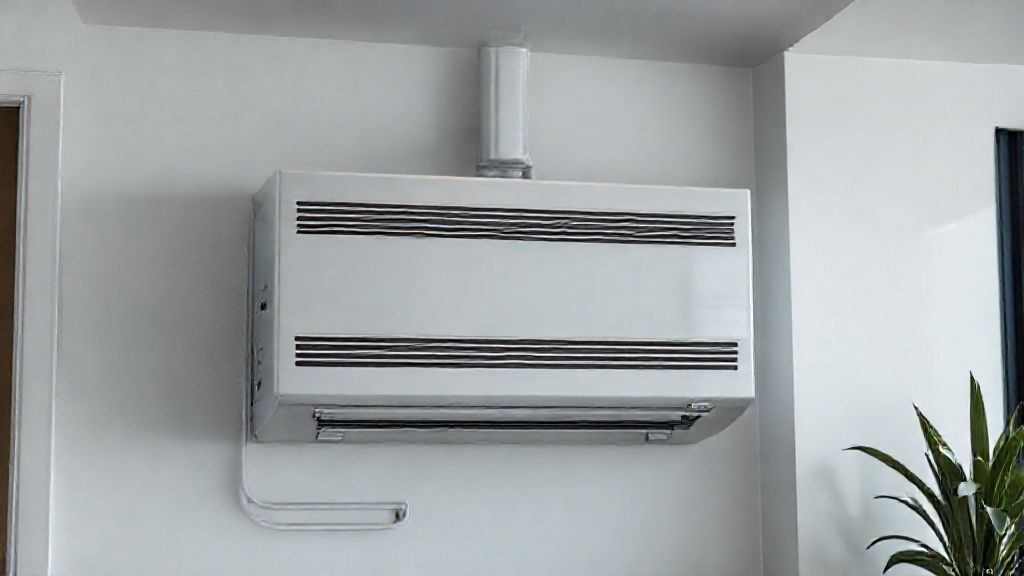 Sleek HVAC unit seamlessly integrated into a modern home; clean lines, metallic textures, efficient.
