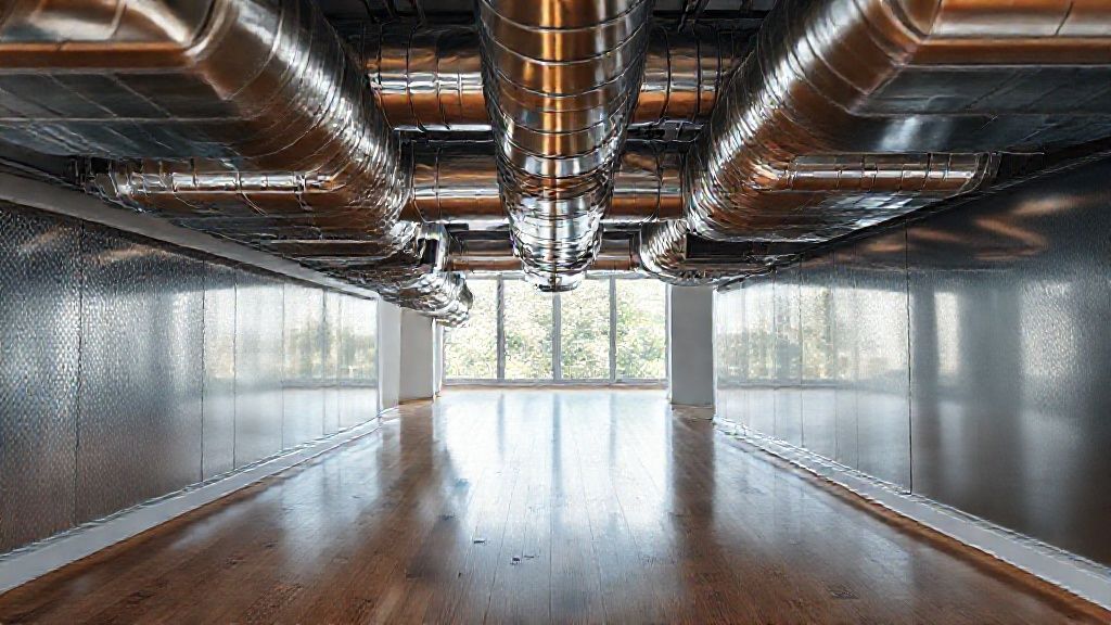 Shiny ducts & vents reflect modern home. Cool metal textures contrast warm wood floors.