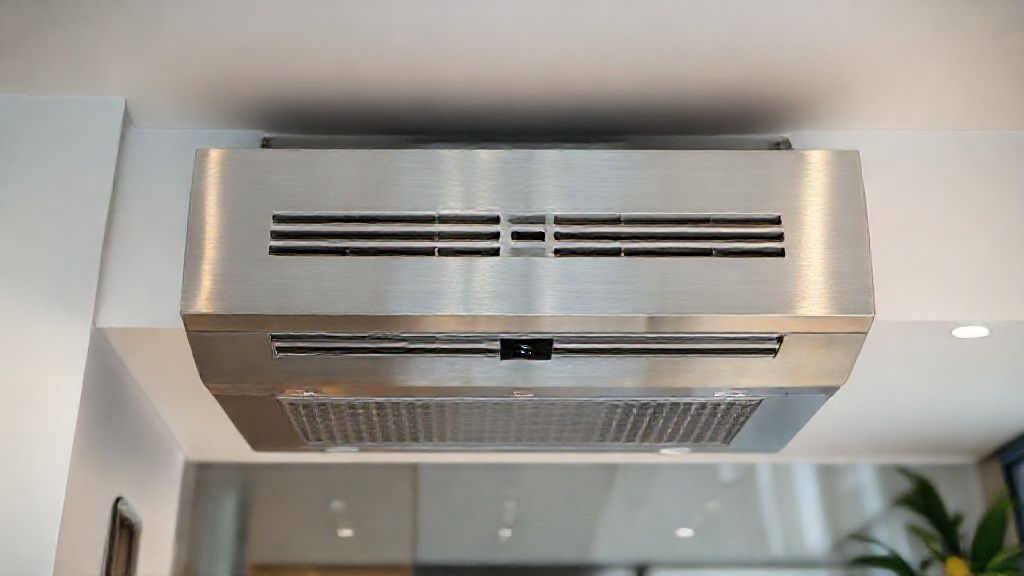 Sleek HVAC unit, modern home. Brushed metal textures, clean air vents, inviting interior.