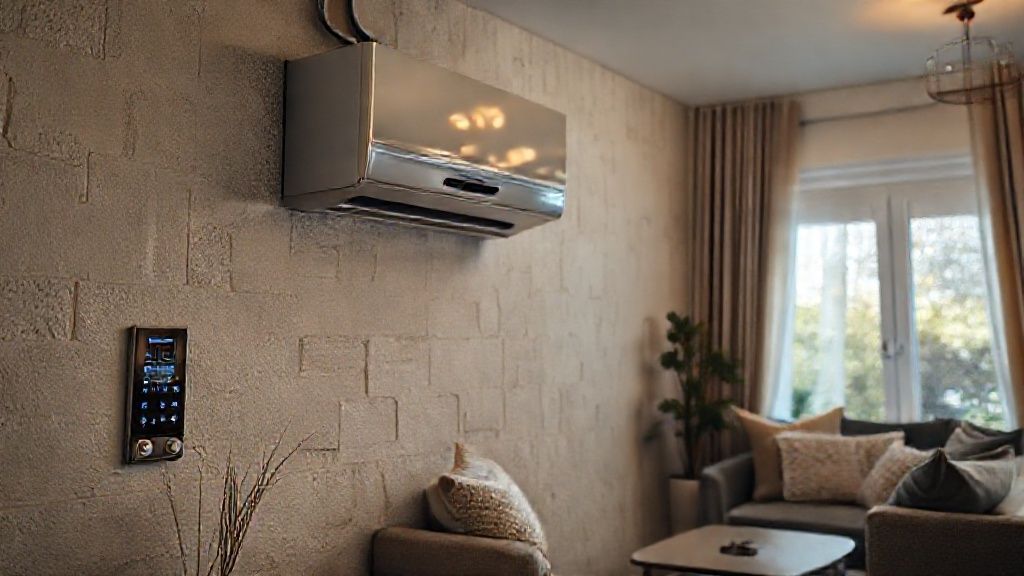 Shiny, modern HVAC unit contrasts with cozy, textured living room. Smart home control panel visible.