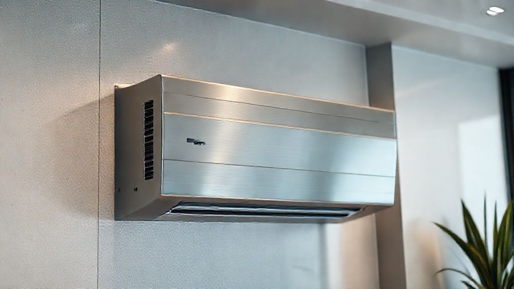 Modern HVAC unit in sleek home, metallic textures gleam, exemplifying smart, efficient comfort.