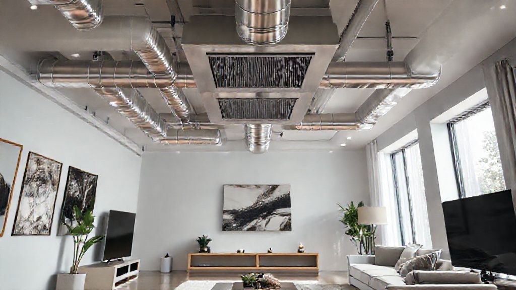 Shiny ducts & sleek unit blend seamlessly in a modern, inviting living space.