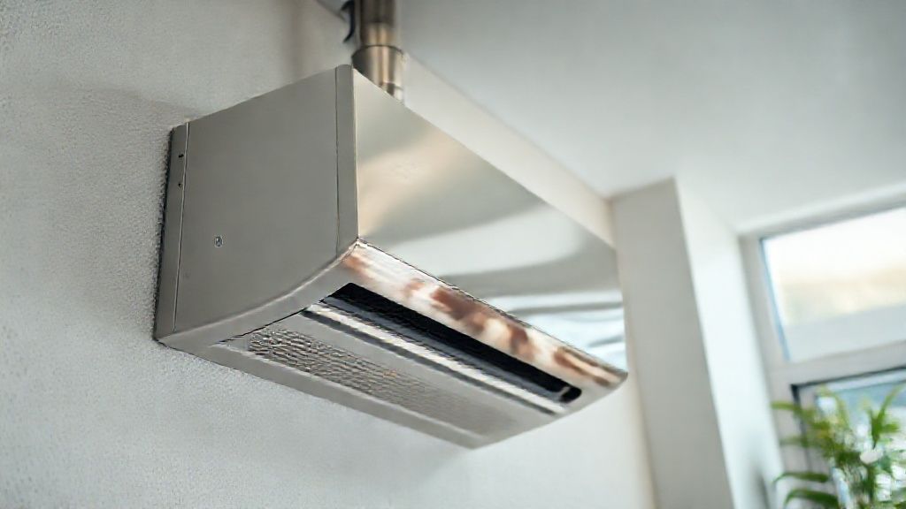 Shiny HVAC unit, modern home. Clean air, textured walls, bright interior. Local, reliable, comfort.