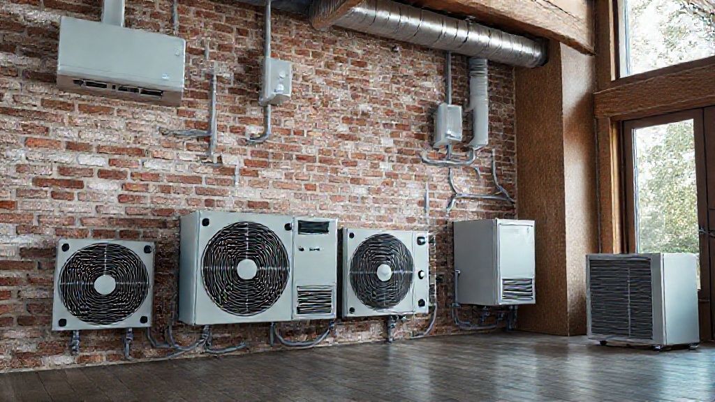 Sleek HVAC units in modern homes; textured brick, metal, wood; dispersed across distinct locations.