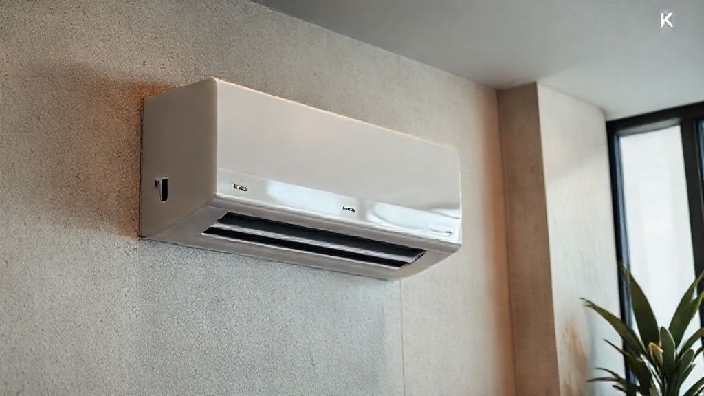 Sleek HVAC unit, modern home interior, textured walls; warmth and comfort, effortlessly stylish.