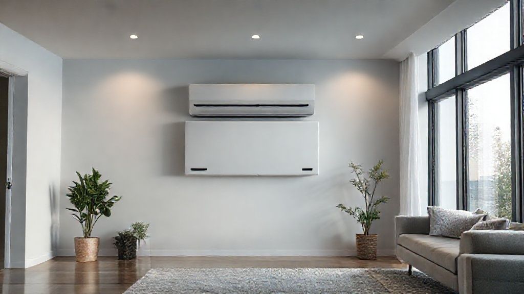 Sleek HVAC unit integrates seamlessly into a modern home, controlled by intuitive AI.